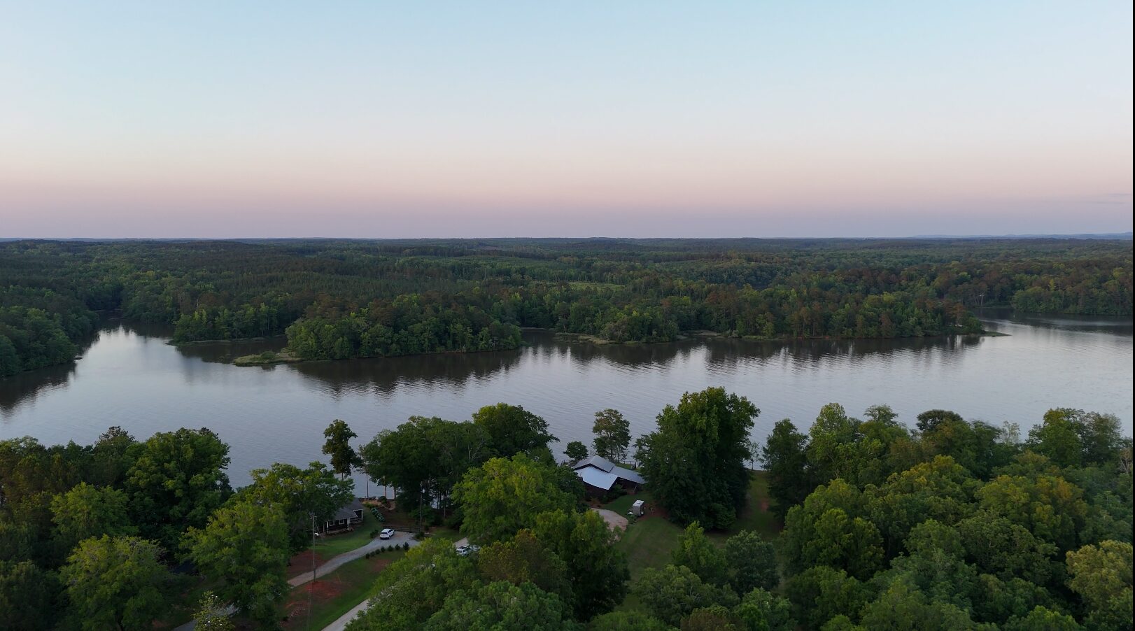 Drone aerial view of a wedding venue at dusk